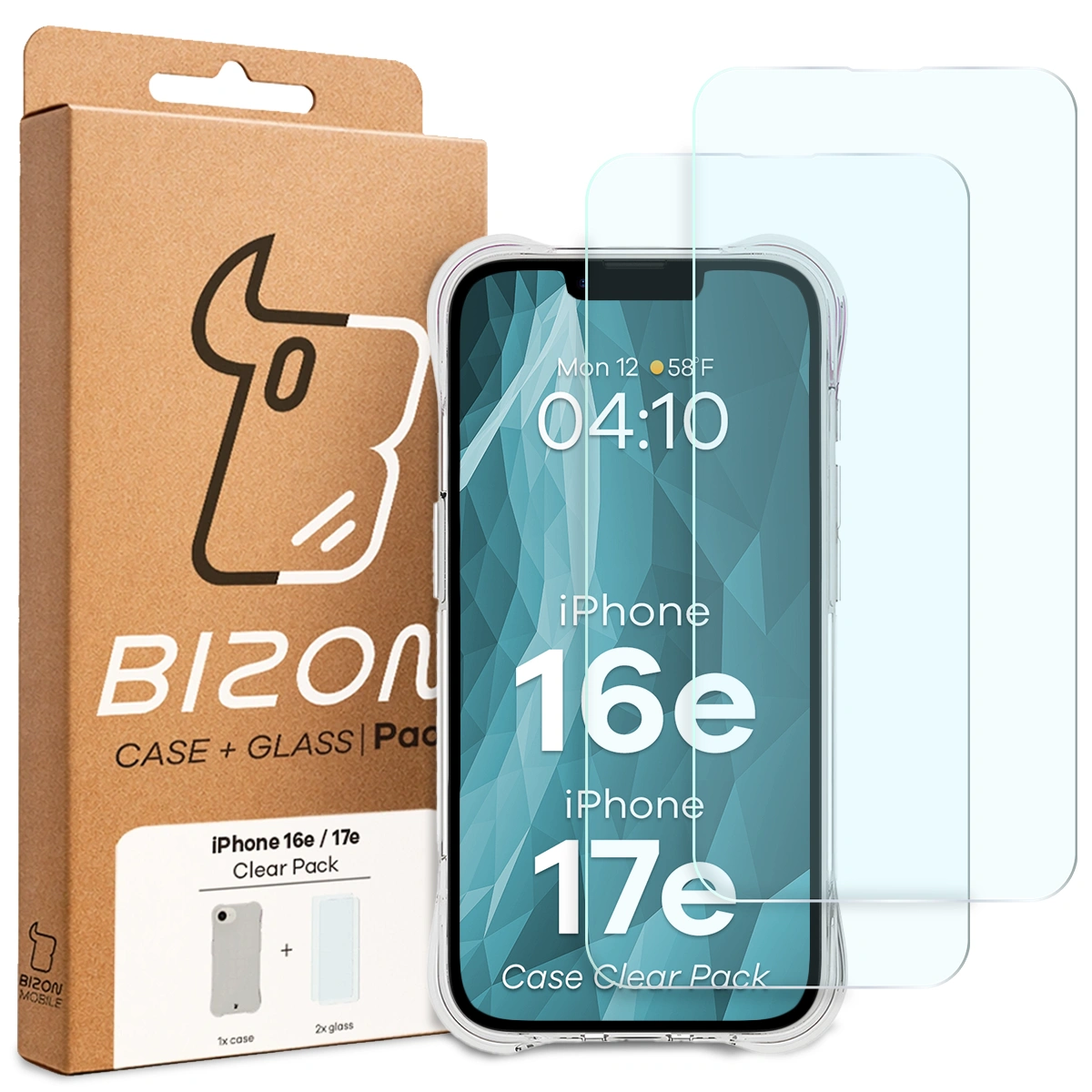 Przód pudełka Bizon Case+Glass z dedykowaną etykietą do iPhone 17e/16e